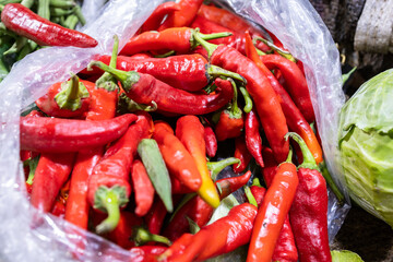 Giant red chilli pepper at vegetable store for sale at evening