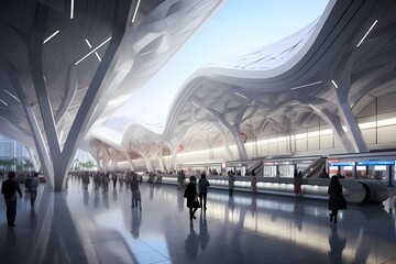 Contemporary railway station with a spacious waiting hall, sleek design, and efficient directional signage for a smooth passenger experience - obrazy, fototapety, plakaty
