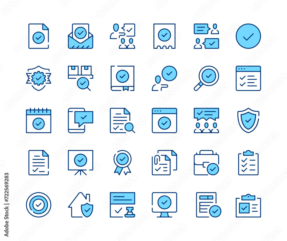 Poster check mark icons set. vector line icons. blue color outline stroke symbols. modern concepts