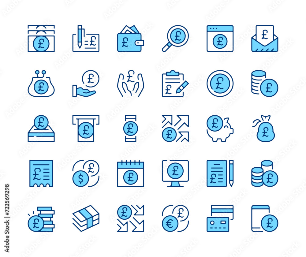 Poster british pound sterling icons set. vector line icons. blue color outline stroke symbols. modern conce