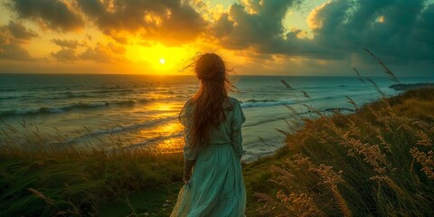 Girl in dress standing with back turned on the ocean shore at dawn, wide banner, Celtic, Ireland - obrazy, fototapety, plakaty