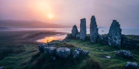 Standing stones in the early morning fog mist dawn, Ireland, Celtic, wide banner, copyspace