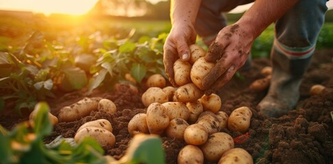 hand farmer picking potatoes from soil on field with golden sun rays, harvest time concept agriculture 