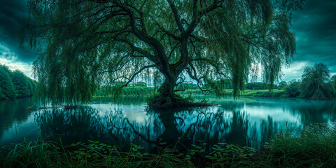 Large willow tree on a river, overcast, dark, moody, melancholy, Celtic, Ireland