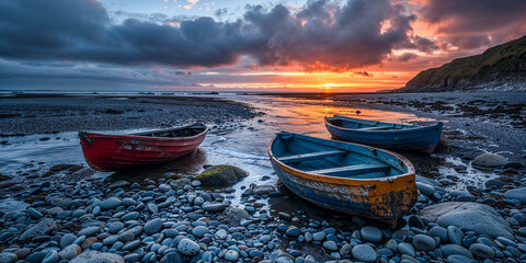 Three old wooden boats on stone pebble shore in early morning dawn, Ireland landscape, Celtic, wide banner - obrazy, fototapety, plakaty