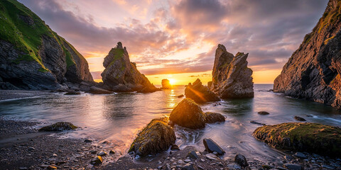 Sunrise on the rocky ocean shore, Ireland landscape, wide banner, seascape