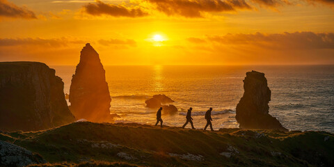 Three silhouetted people figures walking along shore coastline cliffs in early morning dawn,...
