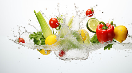 fresh multi fruits and vegetables splashing into blue clear water splash healthy food diet...