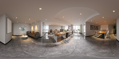 360 degrees virtual reality office interior, 3d render - obrazy, fototapety, plakaty