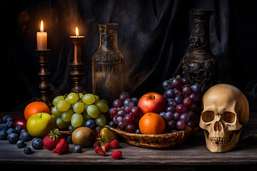 Still life wooden surface. Soft glow from two candles illuminates fresh colorful fruits. Grapes apples strawberries blueberries orange artfully arranged. Lit candles ornate holders cast warm light.