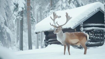 a deer on snow place near wooden house