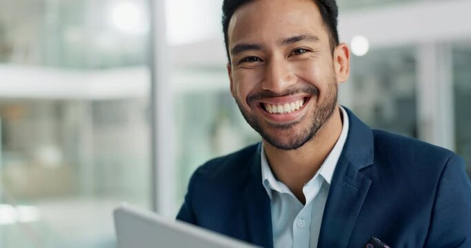 Face, happy or businessman with tablet for research on blog, post or networking in office with smile. Digital agency, technology or social media manager typing online or planning for update on web