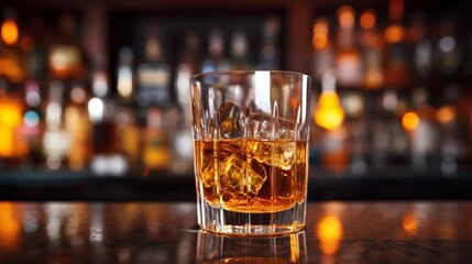 Whiskey on the Rocks in a Dimly Lit Bar. - obrazy, fototapety, plakaty
