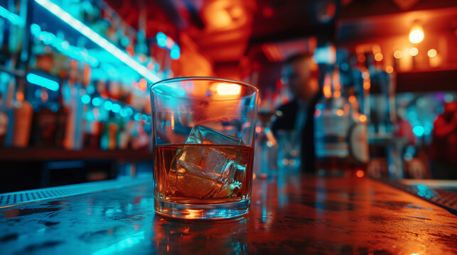 Whiskey on the Rocks in a Dimly Lit Bar.