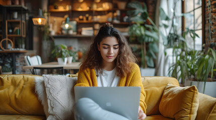woman sitting on a sofa and using a laptop