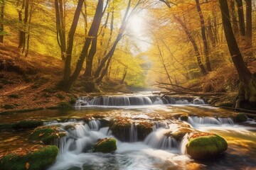 Sunlit autumn forest, cascading waterfall, majestic river. Generative AI