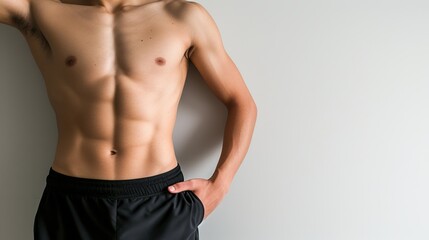 Naklejka premium Muscular male athlete s waist in sportswear on light backgroundfitness and gymnastics concept.