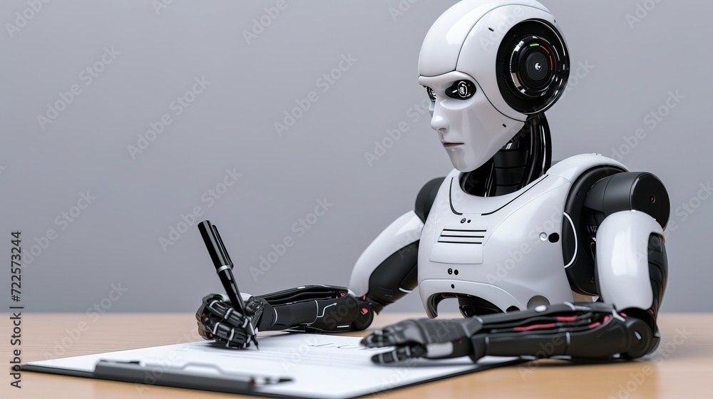 Poster advanced ai robot writing articles assisting with homework futuristic robot assistant with pen