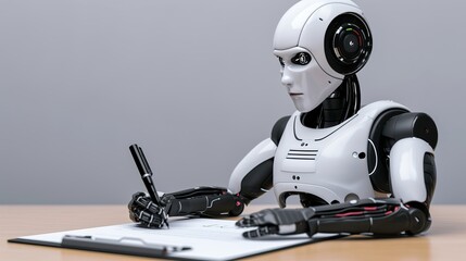 Advanced ai robot writing articles   assisting with homework   futuristic robot assistant with pen