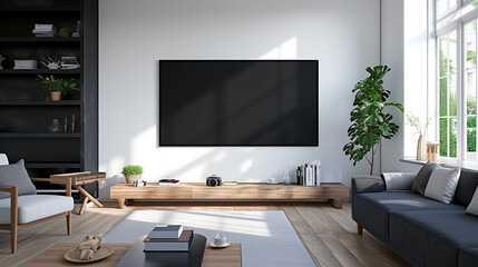 Wide screen flat television banner mockup of empty black screen at Modern Living Room with Minimalist Decor. 