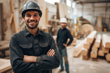 Friendly Woodworker in Hardhat, Timber Workshop, Active Worksite
