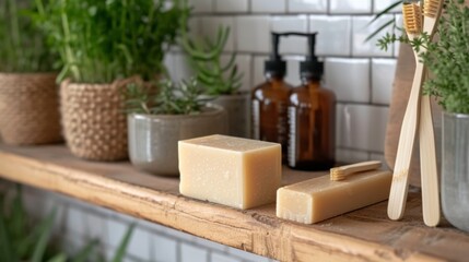 Sustainable bathroom setup with natural soap bars, wooden brushes, and green plants on a wooden ledge.