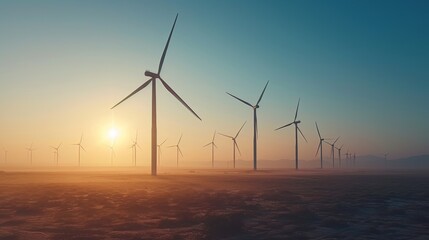 Row of wind turbines during a hazy sunrise, representing the dawn of sustainable energy solutions.