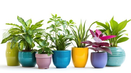 Fototapeta premium variety of green Indoor plants in ceramic pots on a white background.