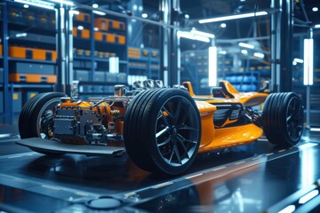 Futuristic electric sport fast car chassis and battery packs with high performance. Generative AI. - obrazy, fototapety, plakaty