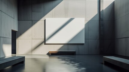 Display blank clean screen or signboard mockup at Minimalist Concrete Gallery Space with Dramatic Lighting. 