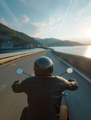 Close up of A motorcyclist speeding on a bridge over the sea - obrazy, fototapety, plakaty