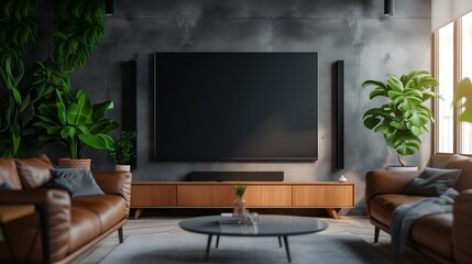 Wide screen flat television banner mockup of empty black screen at Modern Living Room with Home Entertainment System and Lush Greenery.