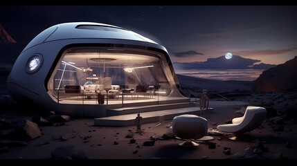 High-tech home observatory with automated telescopes, holographic constellation guides, and futuristic seating for stargazing in a space age setting - obrazy, fototapety, plakaty