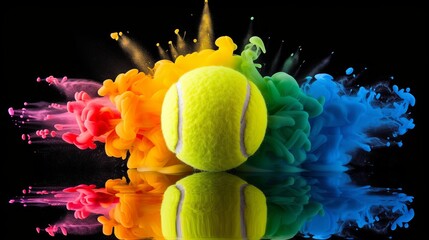 Vibrant tennis ball emerging with colorful smoke isolated on dark black background in the studio