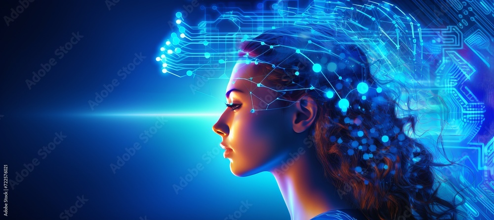Poster futuristic humanoid head with neon neural network, representing advanced technology and ai concept