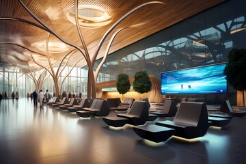 High-tech railway station interior with state-of-the-art information displays, comfortable seating, and a sophisticated atmosphere for travelers - obrazy, fototapety, plakaty