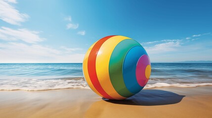 A colorful beach ball against the background of the sea.