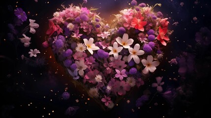 A heart of shining flowers against a dark background.