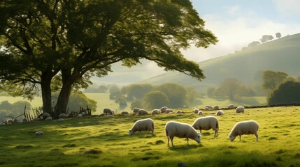 A herd of sheep grazing in the meadow.