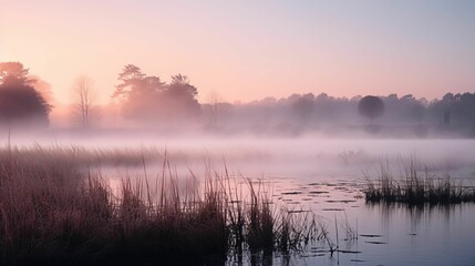Fototapeta na wymiar A landscape of wetlands covered by fog.