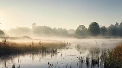 Fototapeta premium A landscape of wetlands covered by fog.