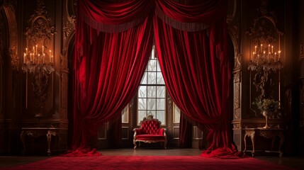 A luxurious rich red silk velvet curtains.