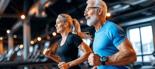 Active senior couple running together in fitness club, healthy lifestyle and exercise concept
