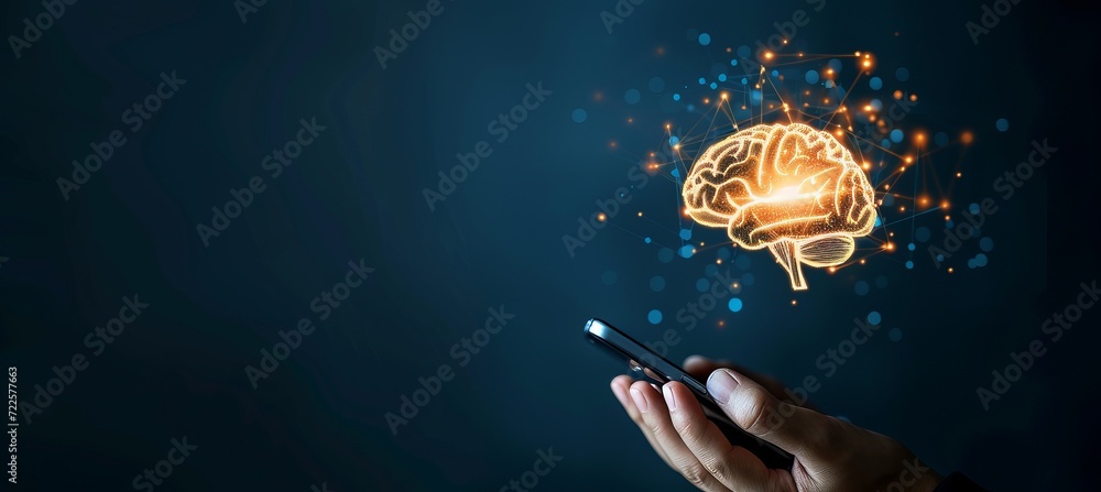 Aufkleber holographic human brain projection over mobile phone with copy space for text placement