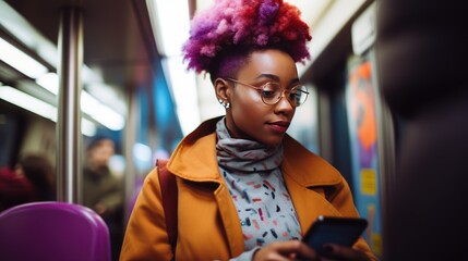Obraz premium Young woman is using a smartphone in public transportation