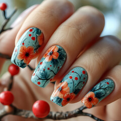 A beautiful manicure with flowers and a blue background.