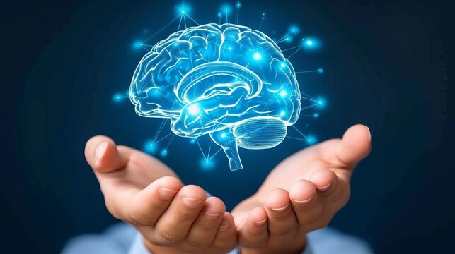 Hands examining holographic human brain floating in air, futuristic technology concept