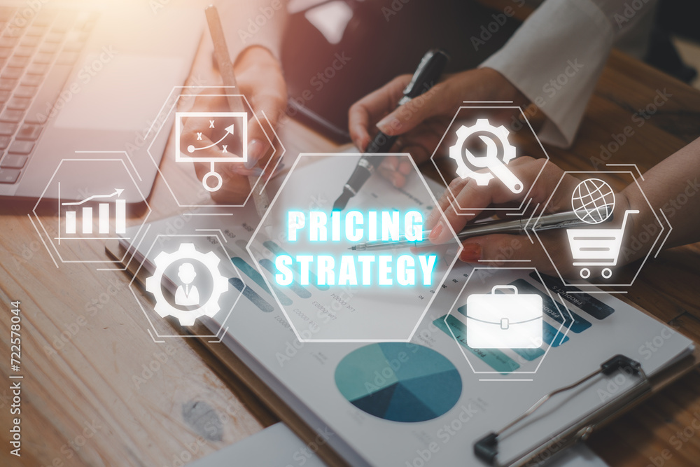 Poster pricing strategy concept, business team analysis summary graph reports of business operating expense