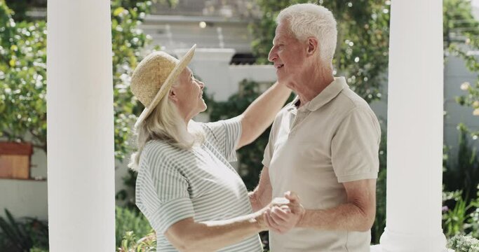Happiness, outdoor and senior couple dance, smile and enjoy romantic music, retirement and having fun together on porch. Support, marriage and happy elderly people bonding, care and moving in rhythm