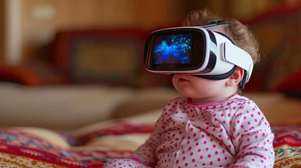 Fotobehang A baby, curious and enchanted, tries on virtual reality glasses. Baby exploring the innovative virtual reality of colors and shapes. Childhood innocence and technological advancement. © Vagner Castro